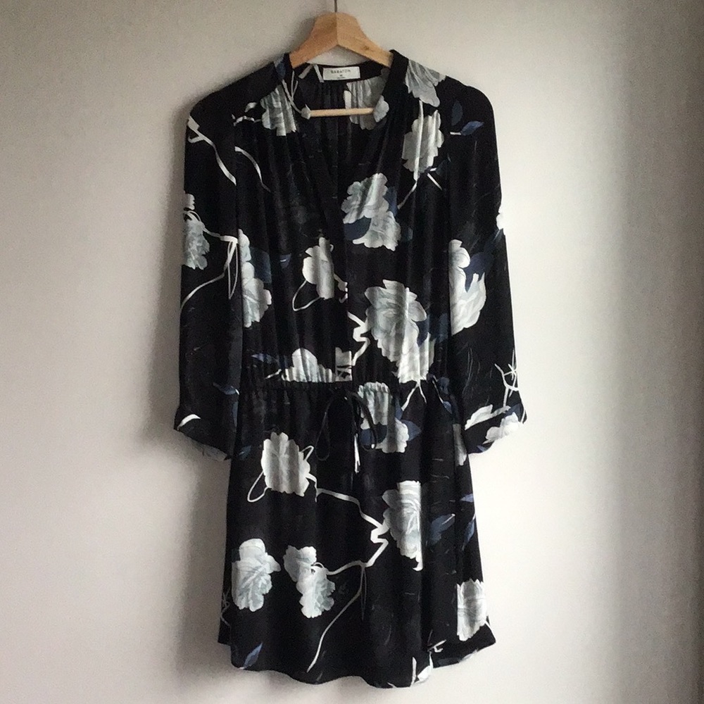 Aritzia Babaton Bennett Silk Mini Dress, Black With Floral Print, size XS